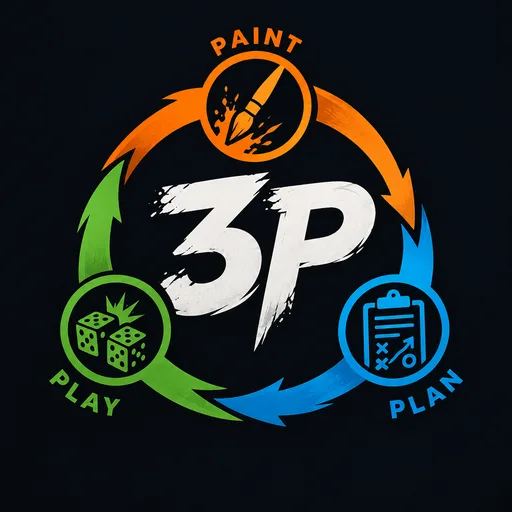 Le logo de Paint Plan Play : trois arcs, peindre, préparer et jouer, autour de 3P