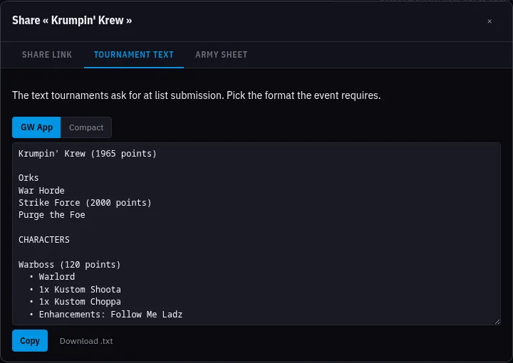 The export of a list as Tournament Text, in the official app's format