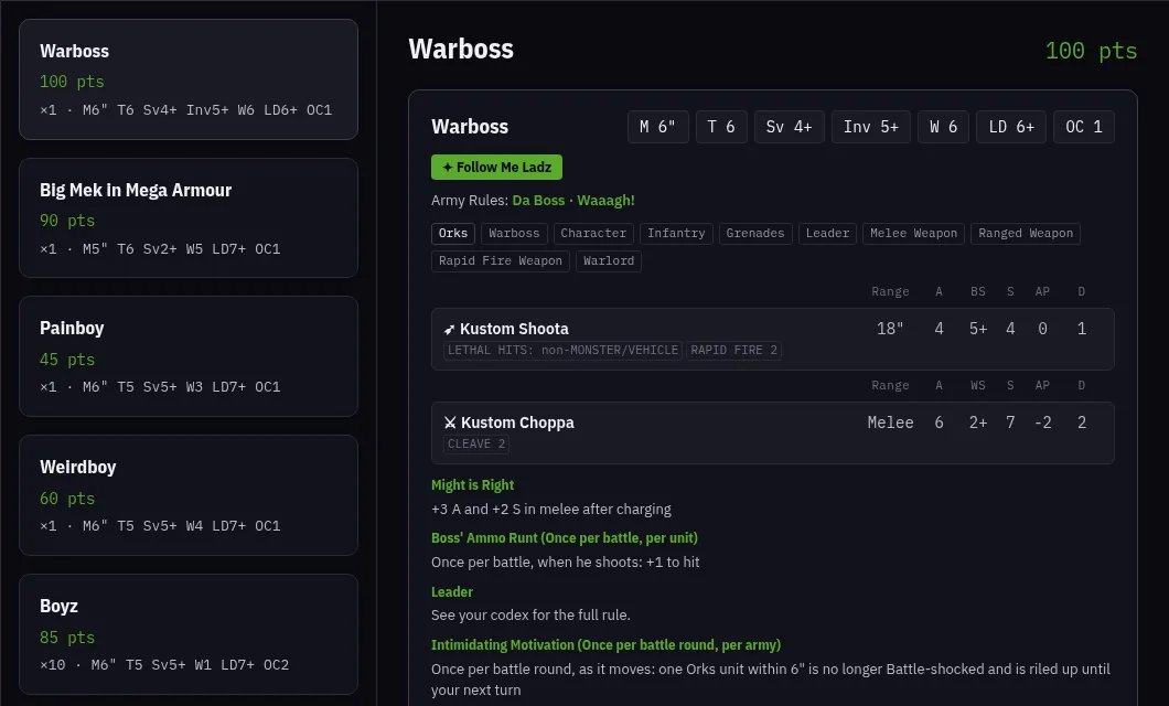La fiche d'un Warboss en mode jeu : caractéristiques, armes, optimisation et règles