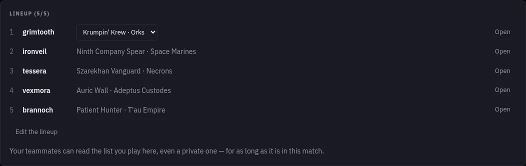 A Match against another team: the lineup of five players, each with the List they play, above the Pairing Matrix